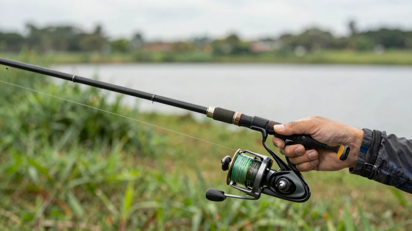 Fotografia editorial outdoor, detalhe de linha de pesca enrolada em carretilha, margem de reservatório com vegetação, lu