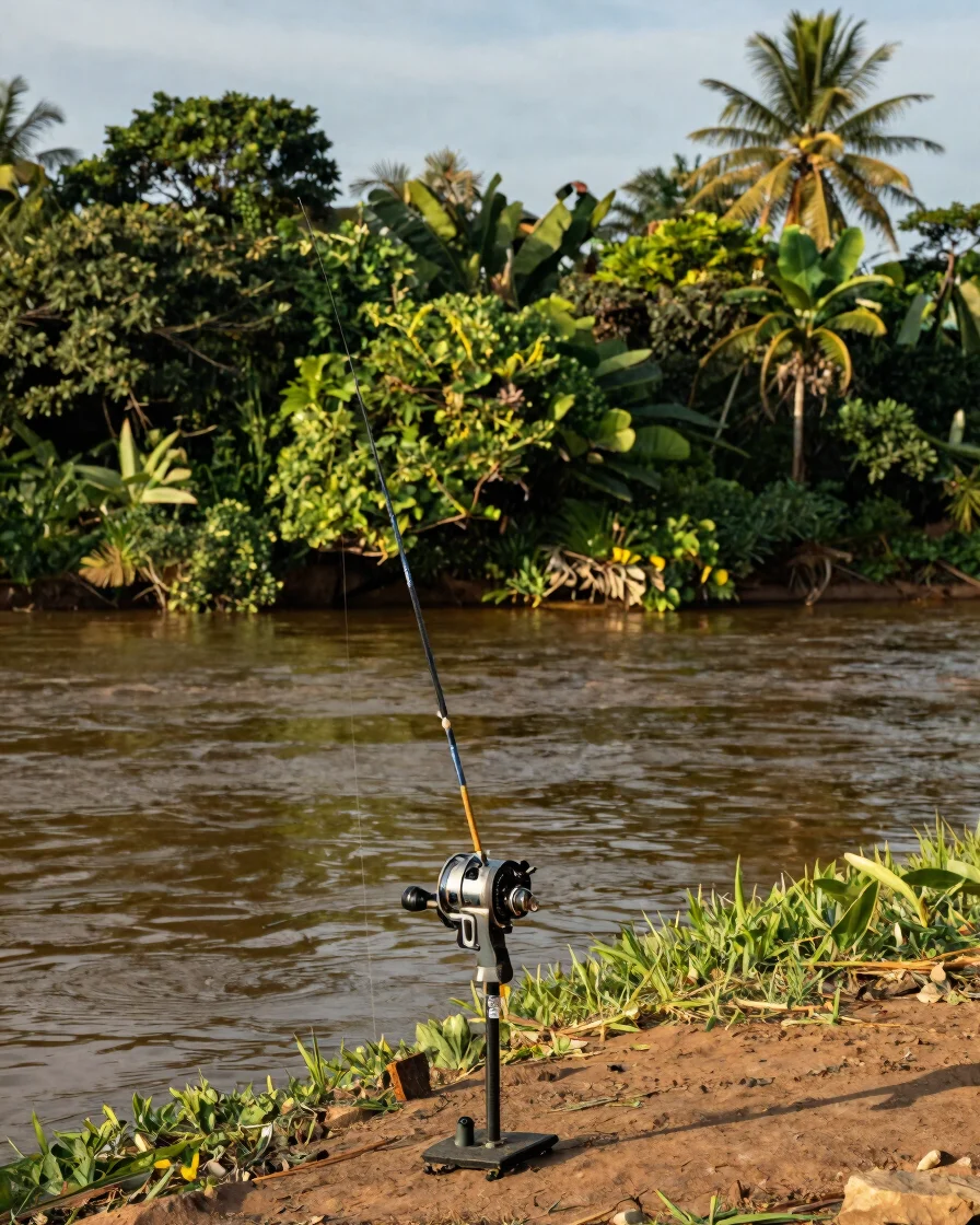 Detalhe fotográfico editorial de um molinete e uma vara de pesca apoiados sobre uma margem de rio brasileiro, luz natura