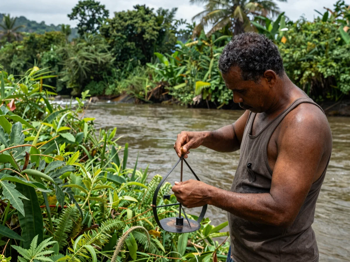 Pescador preparando um molinete na margem de um rio, mãos em foco