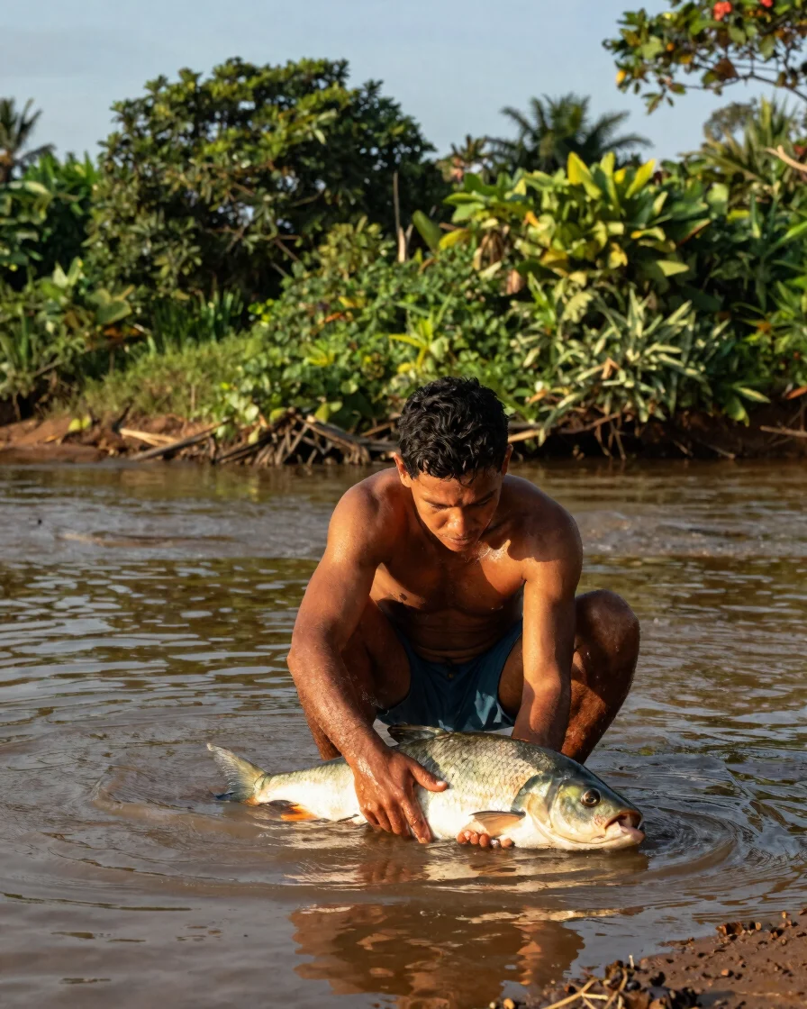 Pescador em margem de rio brasileira ao fim do dia, mãos manusean