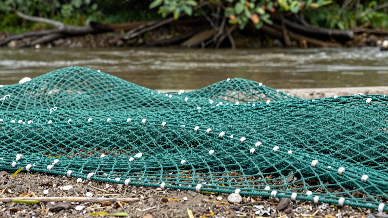Close-up de rede de pesca de malha sem nós apoiada sobre a margem