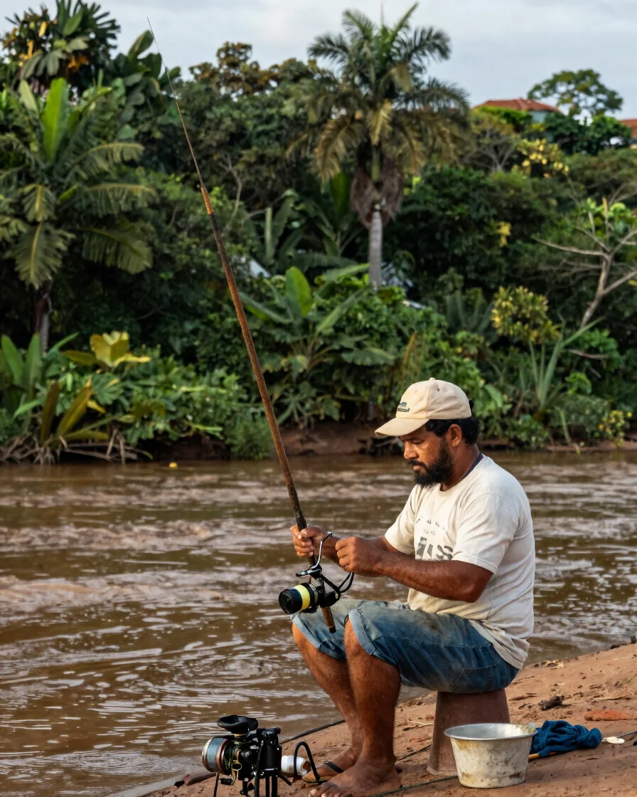 Fotografia editorial outdoor, luz natural difusa de fim de tarde, mãos de pescador montando uma vara e carretilha sobre